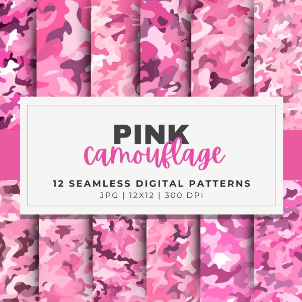 Pink Camouflage Digital Papers, 12 Seamless Patterns, 12x12, JPG Download, Hot Pink Camo Texture, Military Theme, For Tumbler Wrap, Backdrop