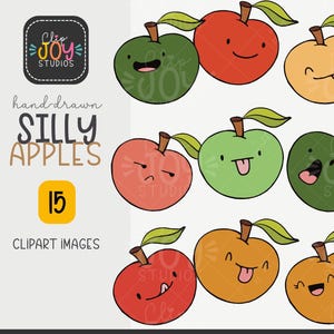 Silly Apples, Fruity Fall Clipart, Happy Kawaii Apples, Cute Smiling Fruit Graphics, Crafting, Design Elements, Commercial Use