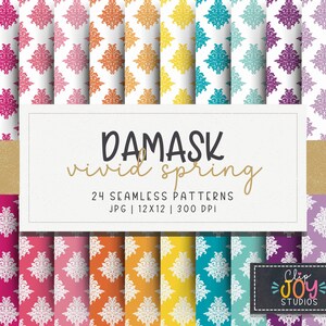 Heller Frühlings-Damast Digitales Papier | Nahtlose verzierten Muster | Buntes elegantes Design für Hintergrund, Basteln, Scrapbook, kommerzielle Nutzung