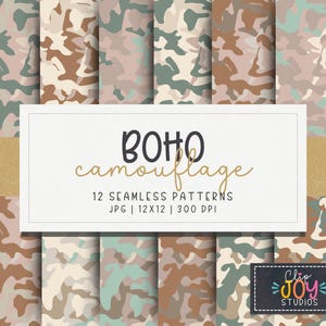Boho Camouflage Digitales Papier | Neutrale nahtlose Muster | 12 Designs | 30x30cm | 300 DPI | Druckbar, Sublimation, kommerzielle Nutzung