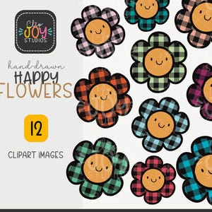 Buffalo Check Winter Flowers Clipart, Happy Kawaii Flower, Cute Smiling Christmas Floral Graphics, Crafting, Design Elements, Commercial Use