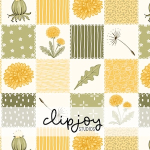 Peut inclure: Un motif répétitif de carreaux carrés dans des tons de jaune, crème et vert sauge représentant des fleurs de pissenlit, des aigrettes, des feuilles et des textures rayées ou pointillées. Le texte clipjoy STUDIOS est centré en noir.