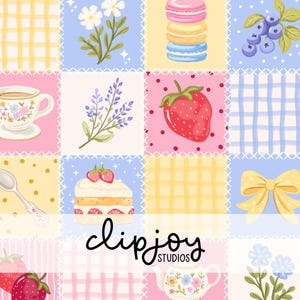 Motivo senza cuciture Grandmacore Patchwork Strawberry Tea Party, design floreale Cottagecore per tessuti