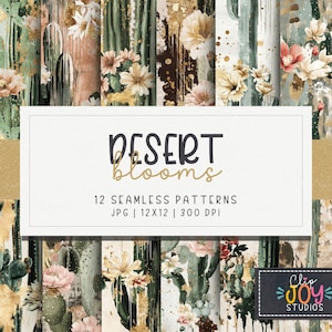 Papel digital bohemio floral desértico sin costuras: patrones de cactus y dorados para manualidades, sublimación y scrapbooking, uso comercial.