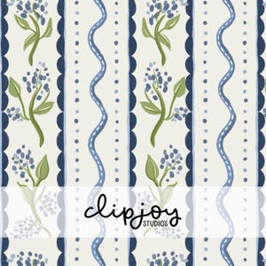 May include: A repeating pattern with vertical stripes on a cream background. The design includes blue scalloped edges, wavy lines, and dotted lines. Sprigs of blue flowers and green leaves are also present. The text "clipjoy studios" is at the bottom.