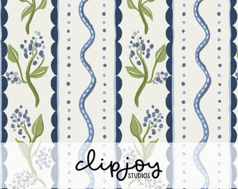 Blau Floral Gestreift Muster: Vintage Cottagecore Digital Papier (PNG & JPG, 300 DPI)