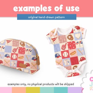 K&ouml;nnte beinhalten: Eine Kosmetiktasche und ein Baby-Body mit Baseball-Motiv. Die Artikel zeigen ein Patchwork-Design mit Baseb&auml;llen, Schl&auml;gern, Handschuhen und Flaggen in Rot, Wei&szlig; und Blau. Der Text "examples of use" und "original hand-drawn pattern" sind sichtbar.