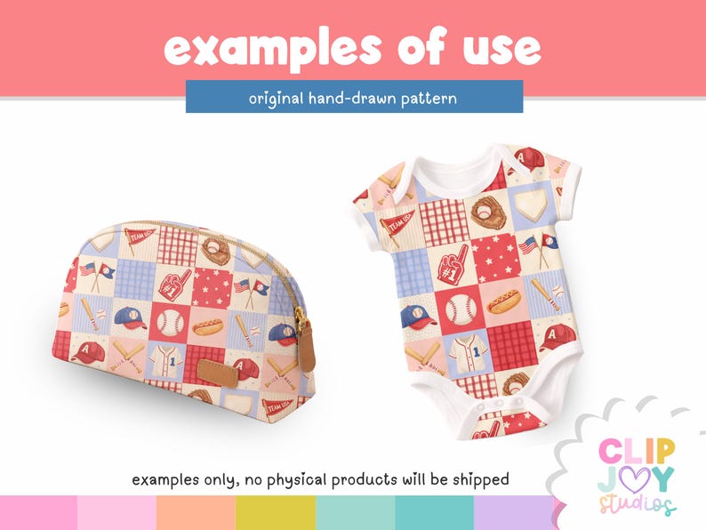 K&ouml;nnte beinhalten: Eine Kosmetiktasche und ein Baby-Body mit Baseball-Motiv. Die Artikel zeigen ein Patchwork-Design mit Baseb&auml;llen, Schl&auml;gern, Handschuhen und Flaggen in Rot, Wei&szlig; und Blau. Der Text "examples of use" und "original hand-drawn pattern" sind sichtbar.