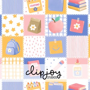 May include: A repeating pattern featuring school-themed illustrations including stacks of books, crayon boxes, backpacks, apples, glue bottles, and sticky notes with smiley faces. The design incorporates a grid layout with soft pastel colors.