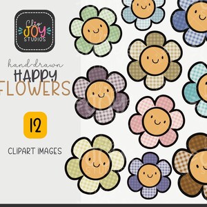 Spring Flowers Clipart, Happy Kawaii Flower, Cute Rainbow Gingham Check Floral PNG Graphics, Crafting, Design Elements, Commercial Use