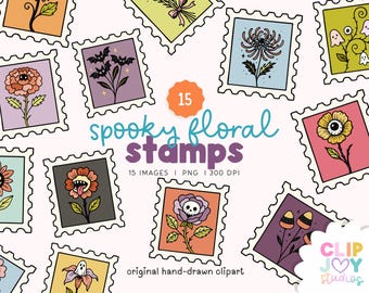 Halloween Flower Stamp Clipart: Spooky Floral Postage PNG Stickers (Digital Download)