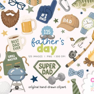Op de afbeelding: Een verzameling clipart-illustraties met Vaderdag-thema. Bevat een koffiemok, baseballpet, horloge, hengel, grill en tekst met 'Vaderdag' en 'Super Dad'.
