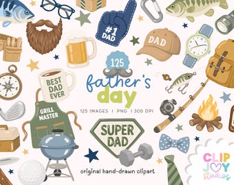 Puede incluir: Una colección de ilustraciones prediseñadas con temática del Día del Padre. Incluye una taza de café, una gorra de béisbol, un reloj, una caña de pescar, una parrilla y texto que dice "Día del Padre" y "Super Papá".