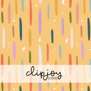 Può includere: Un motivo digitale con pennellate verticali nei toni dell'arancione, verde acqua, verde oliva, rosa e lavanda su uno sfondo giallo chiaro, intervallate da piccole stelle e punti bianchi. Il testo clipjoy STUDIOS è centrato.