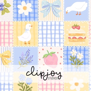 Grandmillennial Patchwork Pattern, Cottagecore Floral, Gingham, Strawberries, White Goose (Digital Download)