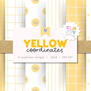 May include: A collection of six seamless digital images with yellow and white patterns. Designs include vertical stripes, grid patterns, smiley faces, and polka dots. The text "YELLOW coordinates" is displayed on a pink background with a gold glitter strip.
