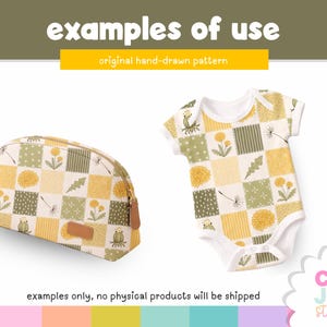 Op de afbeelding: Een etui met rits en een babyrompertje met een ruitpatroon van gele paardenbloemen en groen blad. De tekst luidt examples of use, original hand-drawn pattern, examples only, no physical products will be shipped en CLIP JOY STUDIOS.