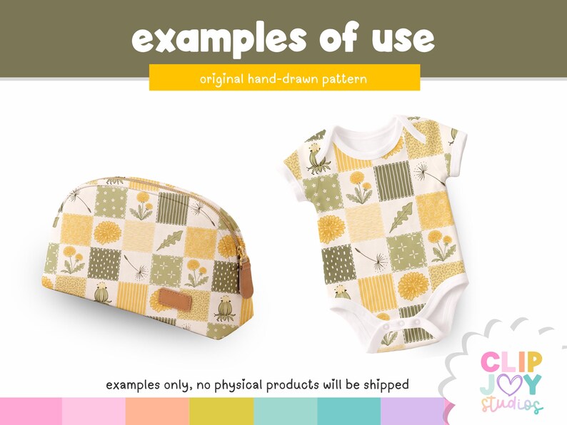 Op de afbeelding: Een etui met rits en een babyrompertje met een ruitpatroon van gele paardenbloemen en groen blad. De tekst luidt examples of use, original hand-drawn pattern, examples only, no physical products will be shipped en CLIP JOY STUDIOS.
