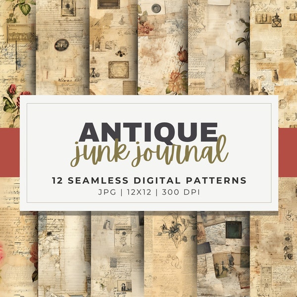 Antique Junk Journal Digital Paper Bundle, 12 Seamless Pattern, 12x12, JPG Download, JunkJournal Decorative Pages, Vintage Floral Designs