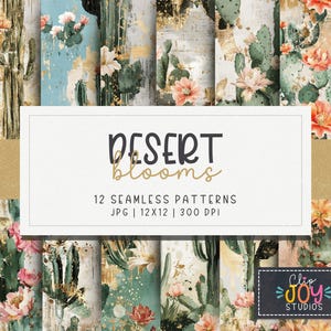 Papel digital floral sin costuras con cactus del desierto: patrones bohemios para sublimación, scrapbooking y manualidades, uso comercial.