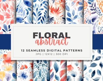 Abstract Floral Patterns Digital Paper, 12 Seamless, 12x12 Nature Watercolor Design, for Digital Background, Scrapbook, Sublimation Crafts