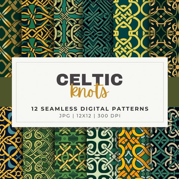 Celtic Knot Patterns Digital Paper, 12 Seamless, 12x12 Irish Inspired Design, For Digital Background, Scrapbook, Sublimation, POD, + Crafts