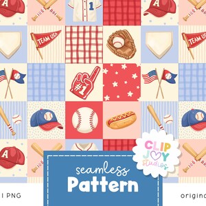 K&ouml;nnte beinhalten: Ein nahtloses Muster mit Baseball-Illustrationen. Das Design umfasst Baseballkappen, Schl&auml;ger, B&auml;lle, Handschuhe, Trikots, Flaggen und einen Schaumstoff-Finger. Die Farbpalette besteht aus Rot, Wei&szlig; und Blau und erzeugt ein patriotisches Thema.