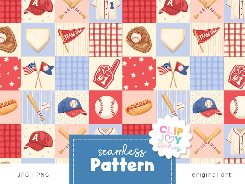 K&ouml;nnte beinhalten: Ein nahtloses Muster mit Baseball-Illustrationen. Das Design umfasst Baseballkappen, Schl&auml;ger, B&auml;lle, Handschuhe, Trikots, Flaggen und einen Schaumstoff-Finger. Die Farbpalette besteht aus Rot, Wei&szlig; und Blau und erzeugt ein patriotisches Thema.