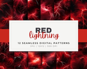 Red Lightning Digital Papers, 12 Seamless Patterns, 12x12, JPG Download, Black Background, Lightning Bolts, Backdrops for Sports, Commercial