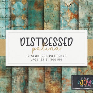 Distressed Patina Patterns-Digital Paper Pack-Seamless Antique Copper Textures, Printable Grunge Copper Patina Teal, Commercial Use