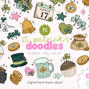 Pacote de Clipart de Desenhos Animados para o Dia de São Patrício: 75 imagens PNG desenhadas à mão (Download Digital)