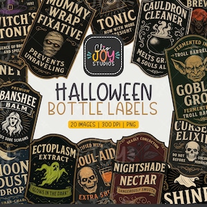 Halloween Bottle Labels Clipart Set – 20 Vintage Apothecary Labels PNG, Witchcraft Potion Stickers, Spooky Halloween Decor, Digital Download