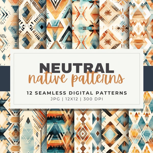 Neutral Native Tribal Patterns Digital Paper, 12 Seamless, 12x12 Indigenous Boho Design, Digital Background, Scrapbook, Sublimation Crafts