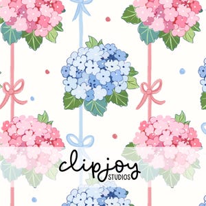 May include: A repeating pattern featuring illustrations of pink and blue hydrangea flowers with green leaves, tied with ribbons. The background is white with small red and blue dots. The text "clipjoy studios" is in the center.