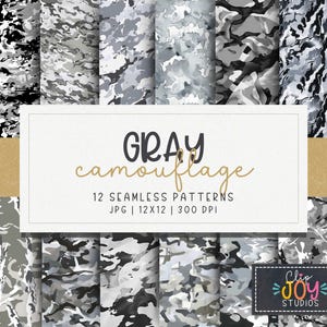 Gray Camouflage Digital Papers, 12 Seamless Textures, 12x12, JPG File Download, Camo Backdrop, Military, Hunting, Commercial Use Printable