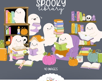 Bokliknande Halloween-spöke Clipart-set, läskigt bibliotek PNG-paket (kommersiellt bruk)