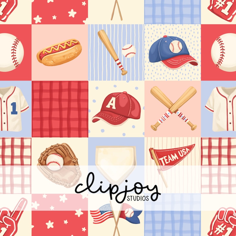 K&ouml;nnte beinhalten: Ein Baseball-Muster mit Quadraten, die Baseb&auml;lle, Schl&auml;ger, Kappen, Trikots, einen Hotdog und einen Handschuh zeigen. Die Farbpalette umfasst Rot, Wei&szlig; und Blau mit Sternen und Streifen.