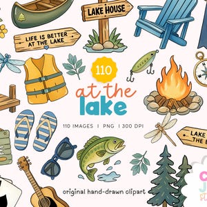 May include: A collection of hand-drawn lake-themed clipart illustrations. Includes a canoe, wooden signs, a blue Adirondack chair, a campfire, a compass, a life vest, a fish, sunglasses, a guitar, and playing cards. Text includes "Lake Vibes" and "At the Lake."