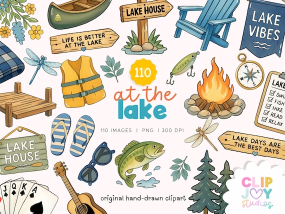 At the Lake Clipart Bundle, Lake House PNGs, Camping Clip Art, Adirondack Chair Canoe Fishing Graphics