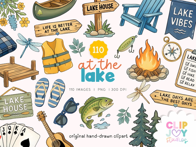May include: A collection of hand-drawn lake-themed clipart illustrations. Includes a canoe, wooden signs, a blue Adirondack chair, a campfire, a compass, a life vest, a fish, sunglasses, a guitar, and playing cards. Text includes "Lake Vibes" and "At the Lake."