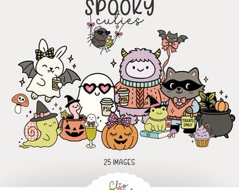 Kawaii Halloween Clipart – Spooky Ghost, Bat, Pumpkin (Digital Download) PNG Graphics