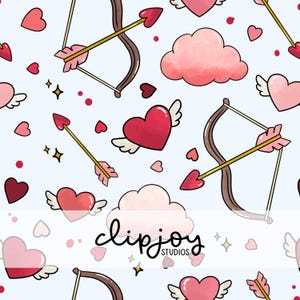 Puede incluir: Un fondo azul claro con un patrón repetitivo de ilustraciones temáticas de San Valentín. El patrón incluye corazones rosas, corazones alados, arcos y flechas, nubes rosas y estrellas doradas. También está presente el texto "clipjoy studios".