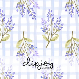 May include: A seamless pattern featuring watercolor illustrations of lavender sprigs with purple flowers and green leaves, set against a light blue and white plaid background. The text "clipjoy STUDIOS" is in the lower center.