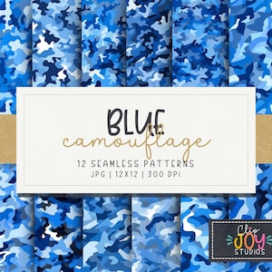 Blue Camouflage Digital Papers, 12 Seamless Textures, 12x12, JPG File Download, Camo Printable Background, Sublimation, POD, Commercial Use