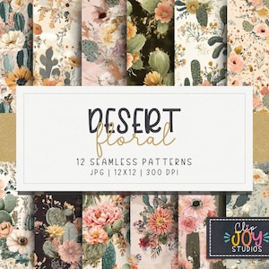 Papel digital sin costuras con cactus y flores: flores bohemias del desierto occidental para sublimación y manualidades, uso comercial.