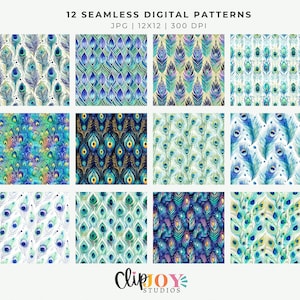 Watercolor Peacock Patterns Digital Papers, 12 Seamless, 12x12 Feathers Design, For Digital Background, Scrapbook, Sublimation Crafts image 2