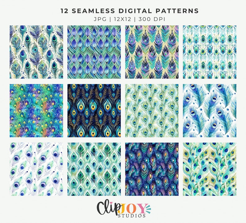 Watercolor Peacock Patterns Digital Papers, 12 Seamless, 12x12 Feathers Design, For Digital Background, Scrapbook, Sublimation Crafts image 2