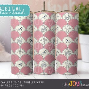 Glam Tumbler Wrap – 20 oz naadloze sublimatie, png-bestand, roze schulppatroon met hakken, lippenstift en portemonnee | 300 dpi | Commercieel gebruik