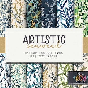 Artistic Seaweed Ocean Life Seamless Textures, 12 Downloadable Digital Papers, Sea Abstract Patterns Backgrounds, Sublimation Commercial Use