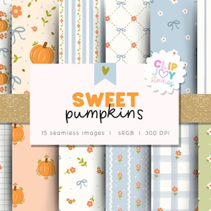 Sömlöst mönsterpaket med söta pumpor | Digitala pastellfärgade höstpapper | Coquette höstmönster för tyg, scrapbooking och hantverk